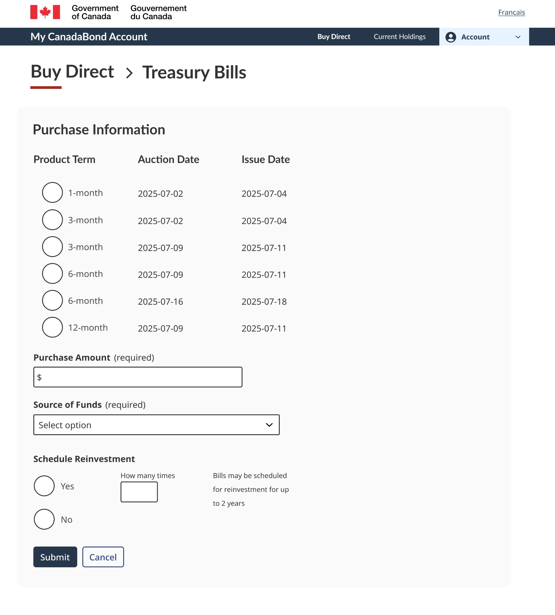 CanadaBond T-Bill selection screen mockup